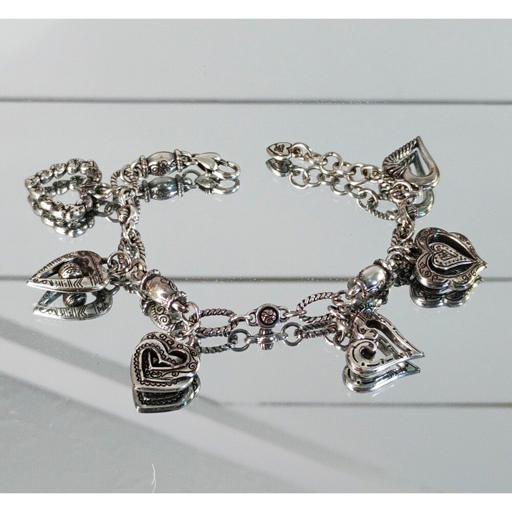 Brighton Silver Tone Heart Dangle Charm Rolo Chain Bracelet Lobster Clasp 8-8.5"